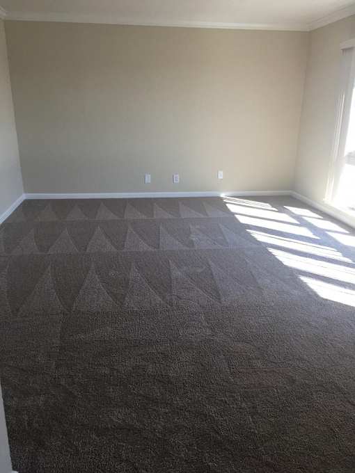 an empty room with a carpeted floor and a window