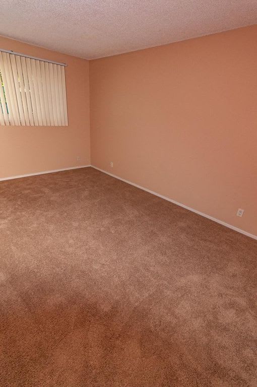 an empty room with a carpeted floor and a window