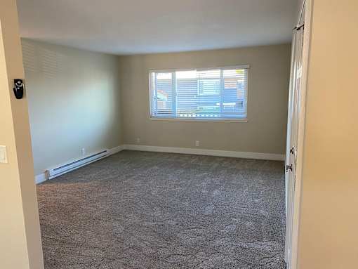 A room with a window and carpeted floor.