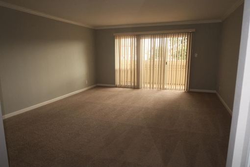A room with carpeted floor and a window with blinds.