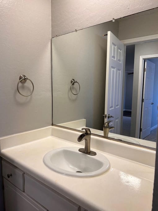a bathroom with a sink and a mirror