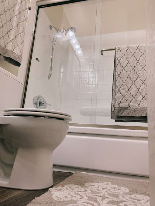 a bathroom with a toilet and a bathtub