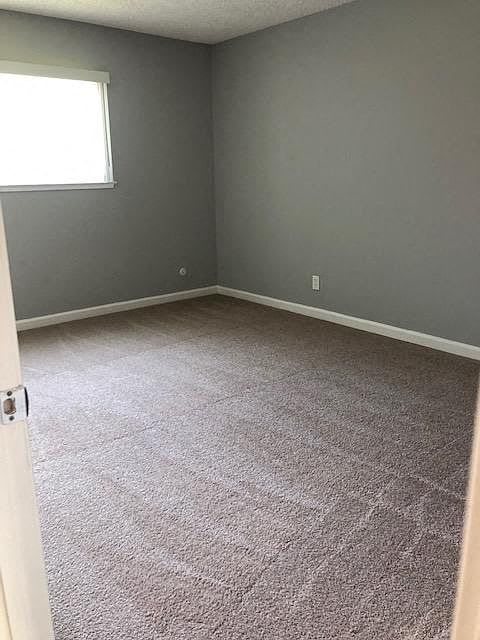 A room with a carpeted floor and a window.