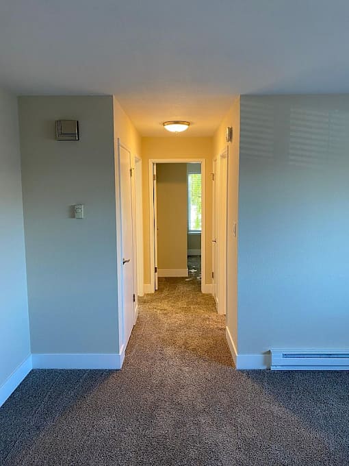 A hallway with a carpeted floor and white walls.