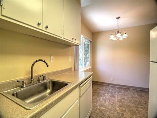 A kitchen with a sink and a window.