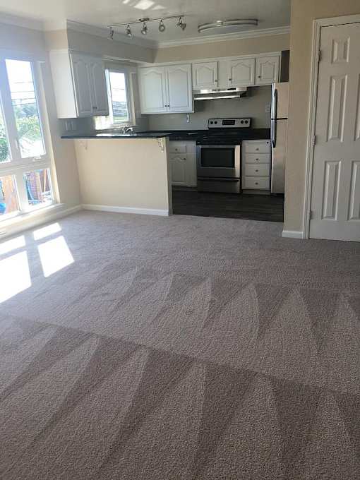 an empty kitchen and living room with a carpeted floor