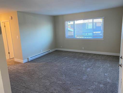 A room with a carpeted floor and a window with blinds.