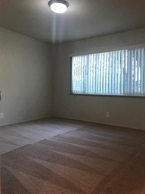 A room with a carpeted floor and a window with blinds.