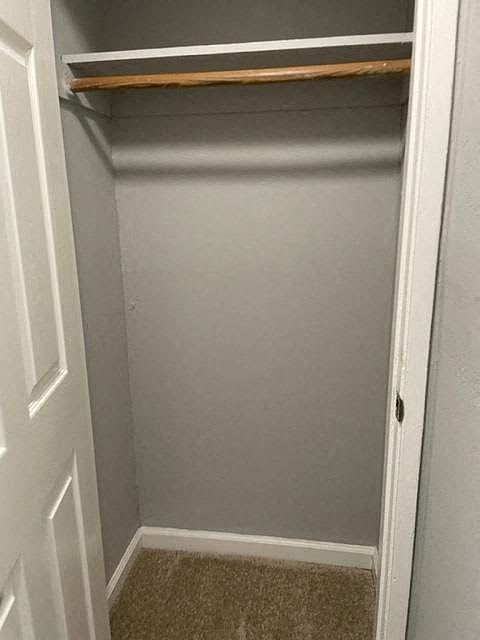 A small, empty closet with a white door and a shelf above the carpeted floor.