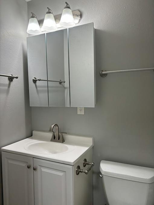A white bathroom with a toilet, sink, and light fixture.