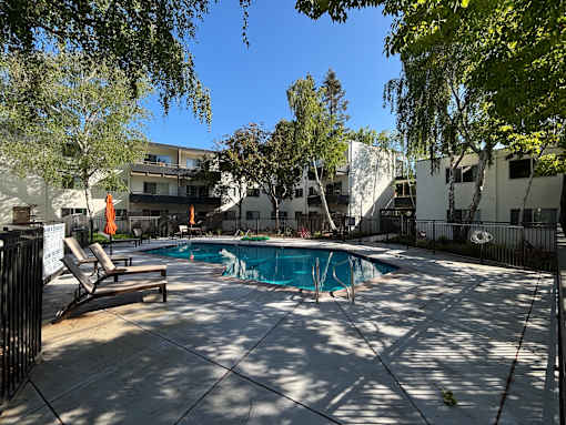 A pool surrounded by trees and chairs.
