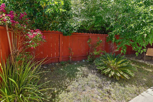 A garden with a red fence and green plants.