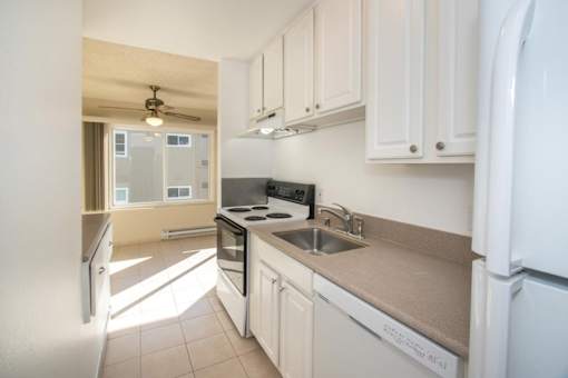a kitchen with white cabinets and a sink