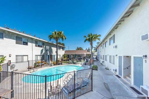 a swimming pool is between two buildings with palm trees