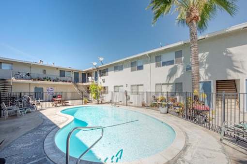 our apartments have a large pool and a building with a palm tree
