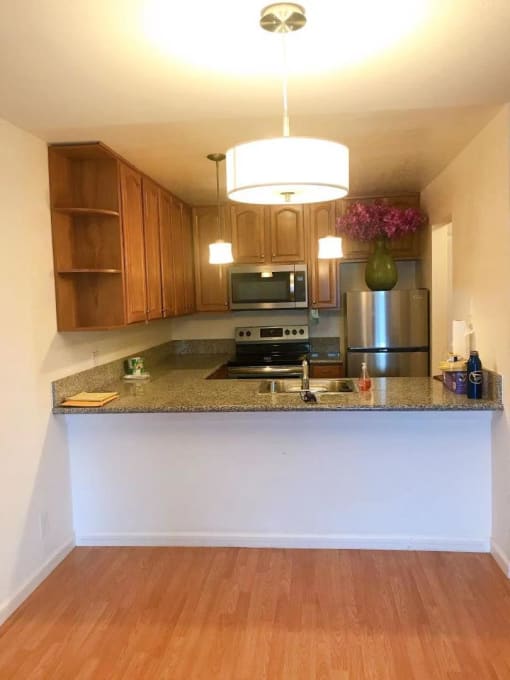 a kitchen with stainless steel appliances and a granite counter top