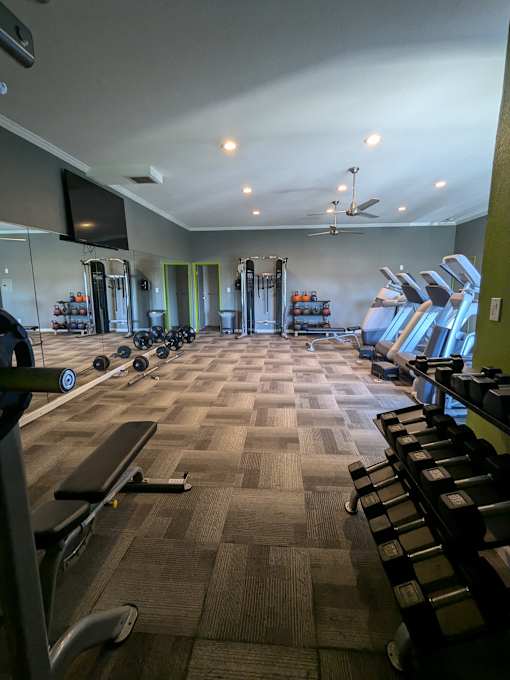 A gym with a variety of equipment including treadmills, weights, and a television.