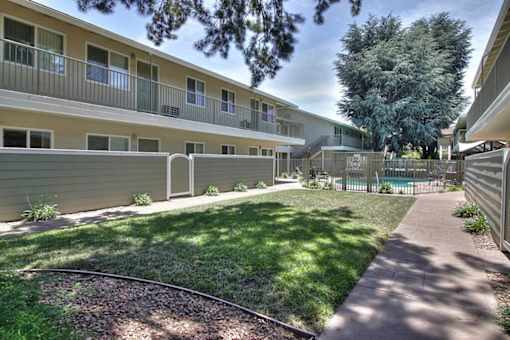 Lush Green Courtyard Wit Walking Paths at Mountain View Place, Mountain View, CA