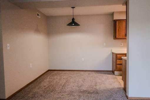 A room with a carpeted floor and a hanging light fixture.