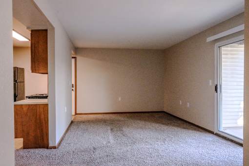 A room with a carpeted floor and a sliding glass door.