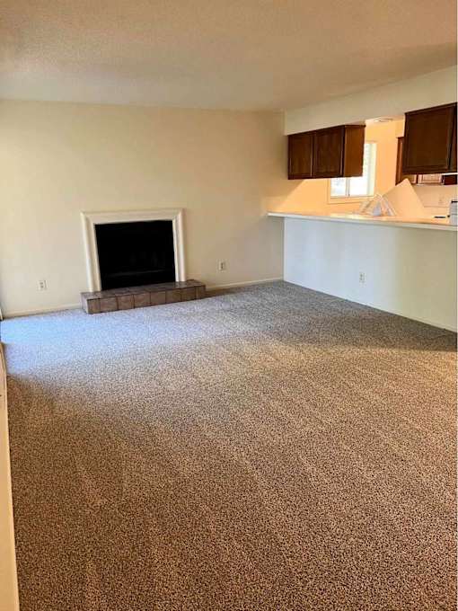 A living room with a fireplace and a carpet.