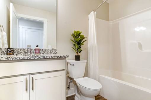 A white bathroom with a toilet, sink, and a plant at Eden Forest Townhomes Apartments, Michigan, 49508