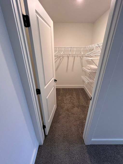 A hallway with a carpeted floor and a white door at The Vue at Rivertown Park Townhomes, Apartments, Wyoming  , MI