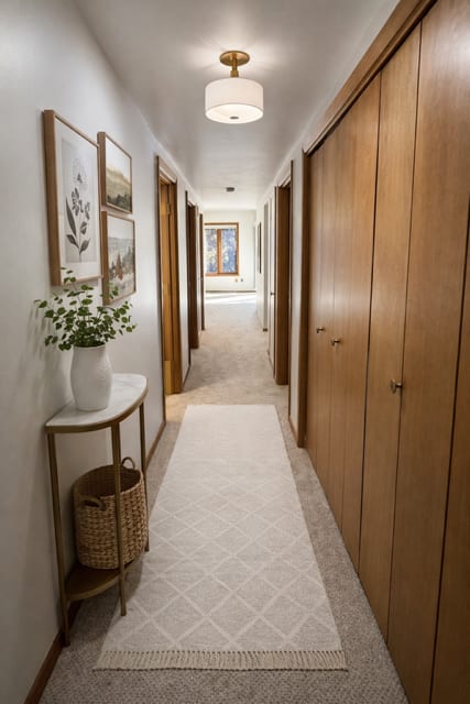 A hallway with a rug, a plant, and pictures on the wall.