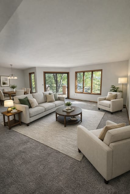 A living room with a grey carpet and white furniture.