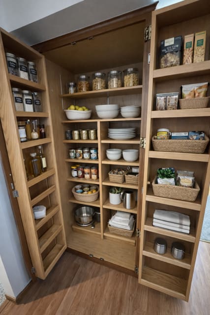 A wooden pantry with shelves filled with various food items and containers.