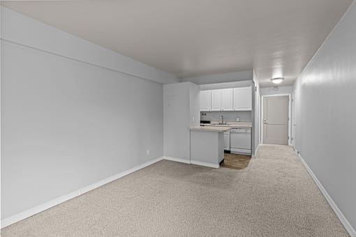 A white room with a kitchenette and a carpeted before