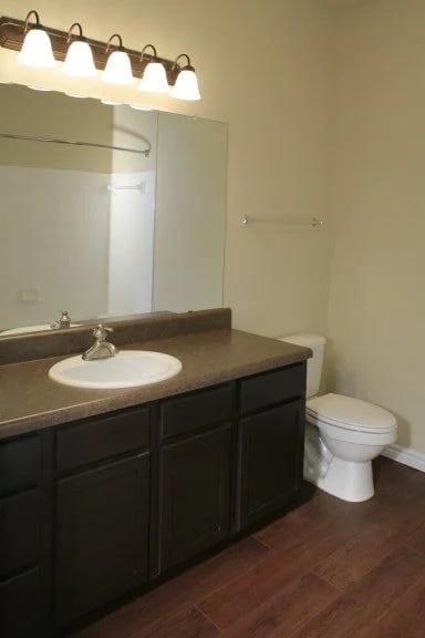 A bathroom with a white toilet and a brown counter.