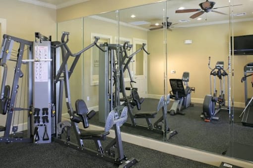 A gym with a mirror, weights, and cardio equipment.