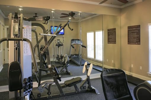 A gym with a variety of equipment including a treadmill, weights, and a television.