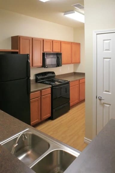 A kitchen with black appliances and orange cabinets.