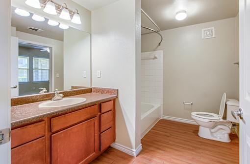 A bathroom with a sink, toilet, and a mirror.