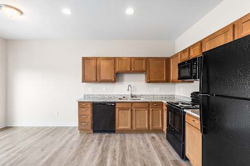 A kitchen with black appliances and wooden cabinets.