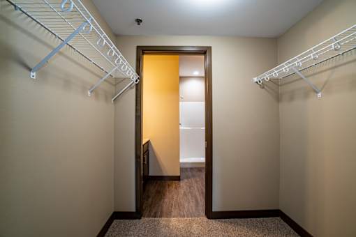 A walk-in closet with a brown door and a carpeted floor.