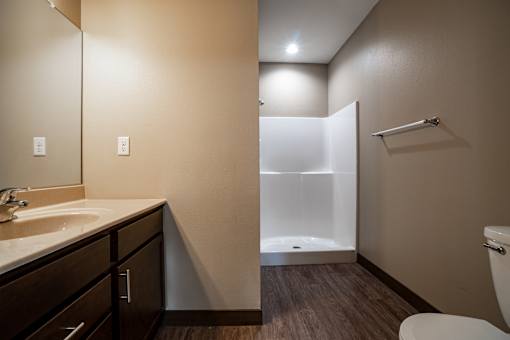 A bathroom with a sink, toilet, and shower.