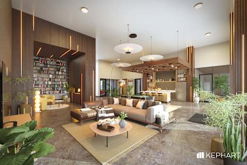 A modern living room with a large sofa, a coffee table, and a bookshelf filled with books.