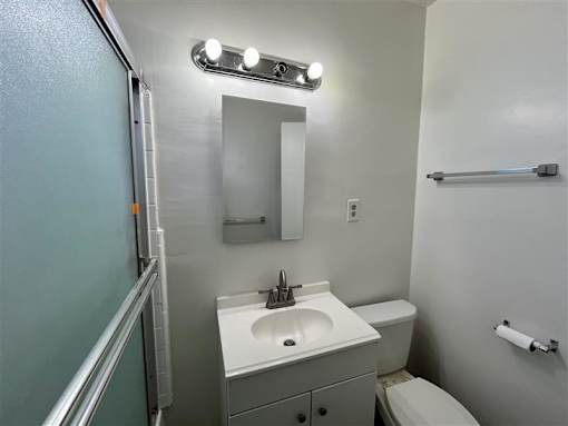 A bathroom with a sink, mirror, and toilet.