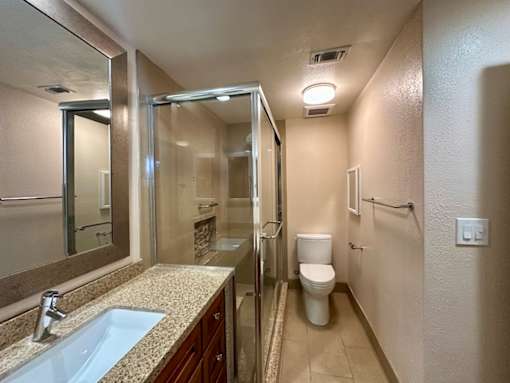 A bathroom with a sink, toilet, and shower.