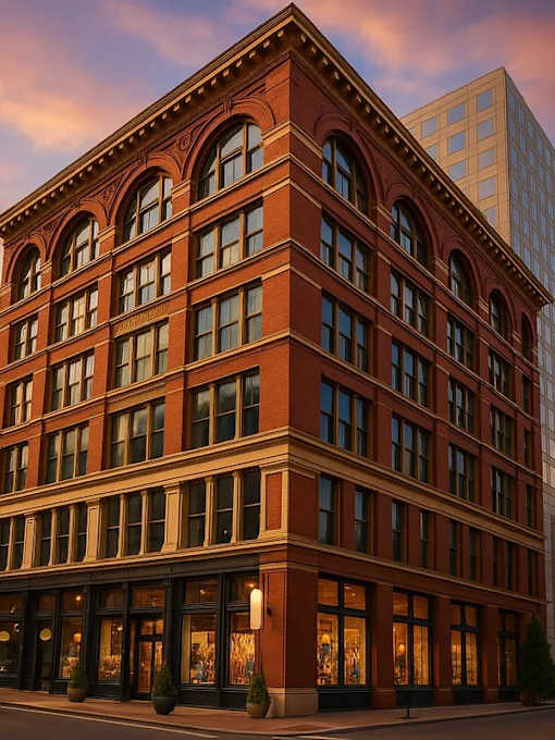 A red brick building with large windows and a black awning.