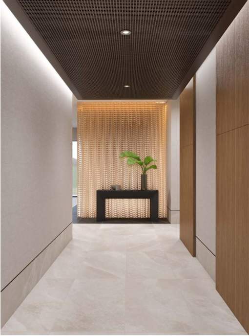 A long hallway with a plant on a table in the middle.