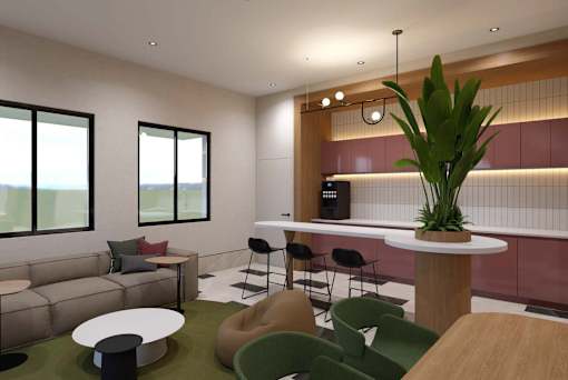 A modern living room with a large window, a sofa, a coffee table, and a bar area.