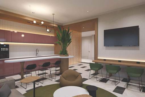A modern living room with a bar area and seating.