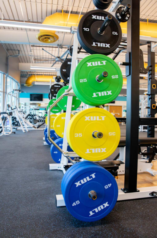 A gym with a row of blue, green and yellow weight plates.