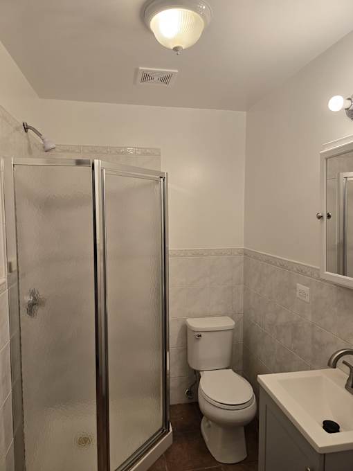 A white toilet sits next to a walk-in shower in a bathroom.
