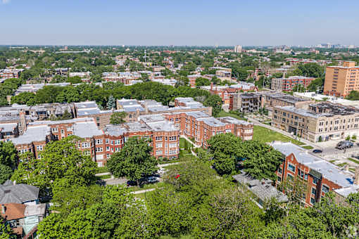 A view of a city from a high vantage point.