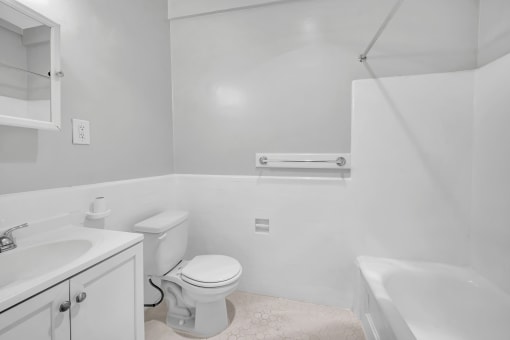 a bathroom with a toilet and a sink and a bath tub